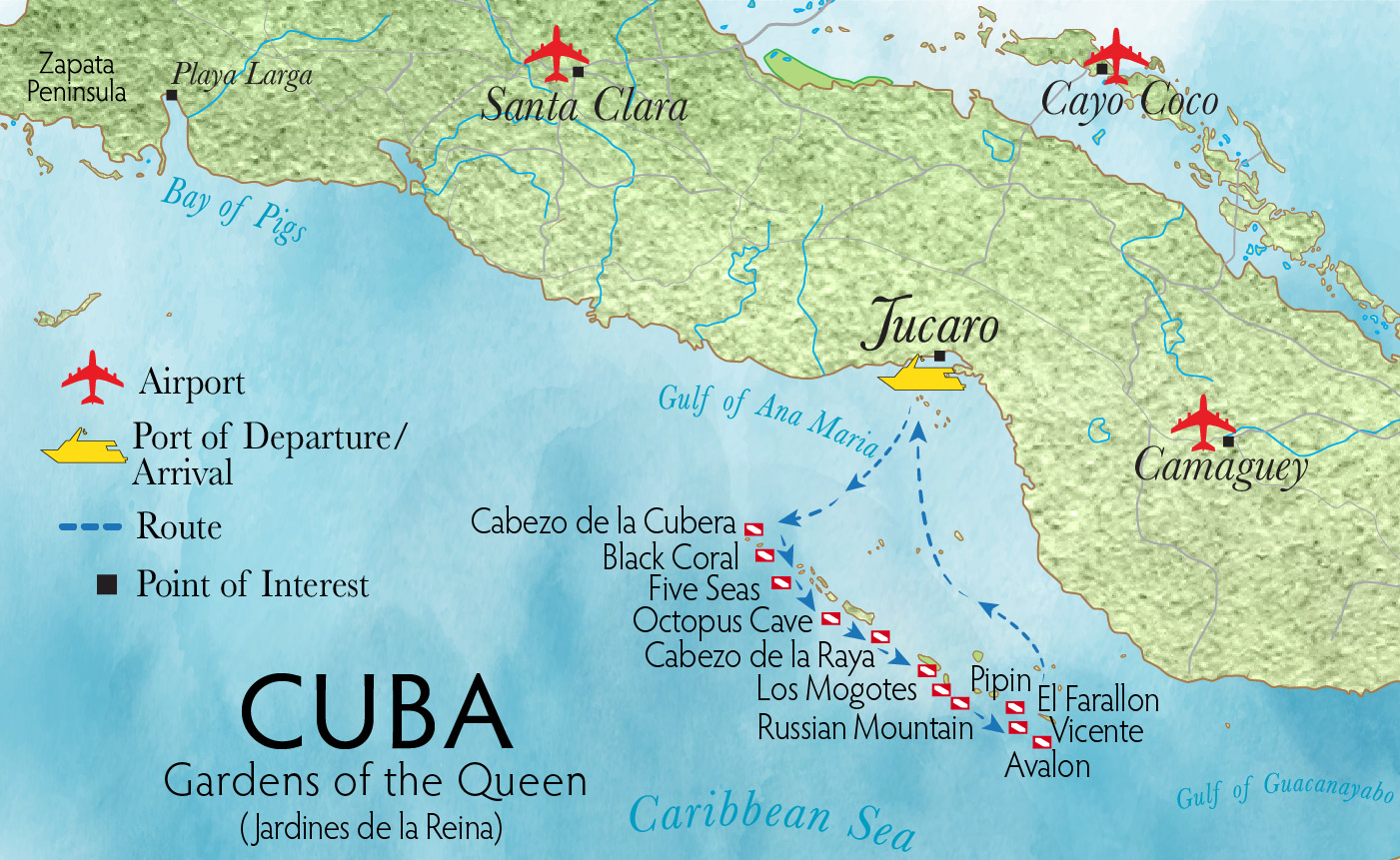 map of Jardines de la Reina, marine park south of Cuba in the Caribbean